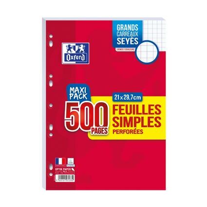 OXFORD Feuilles Simples A4 Grands Carreaux Seyès 500 Pages