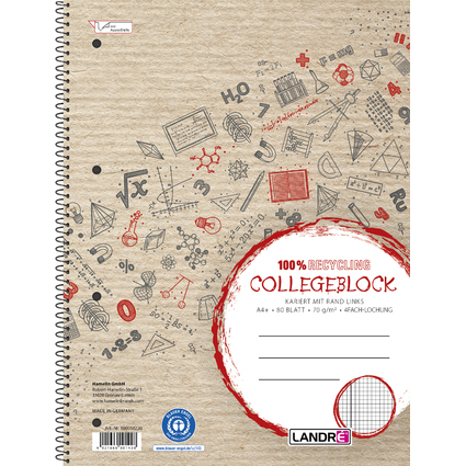 LANDR Collegeblock "Recycling" DIN A4, kariert, 80 Blatt