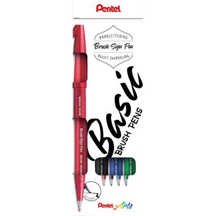 PentelArts Faserschreiber Brush Sign Pen, 4er Etui, Basic