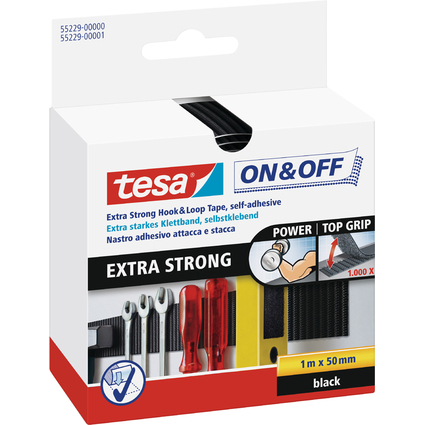 tesa On & Off Klettband Extra Strong, 50 mm x 1 m, schwarz