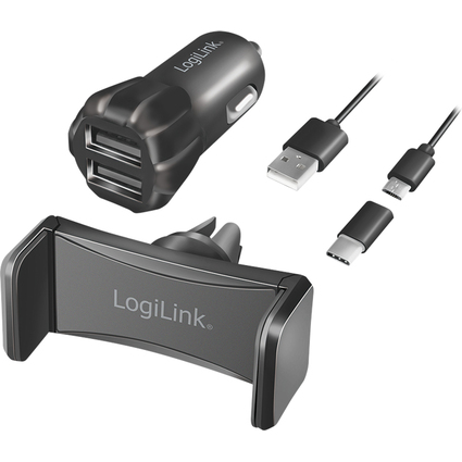 LogiLink USB-KFZ-Ladegert & Smartphone-Halter, schwarz