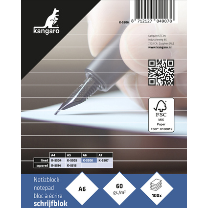 kangaro Notizblock DIN A6, liniert, 100 Blatt