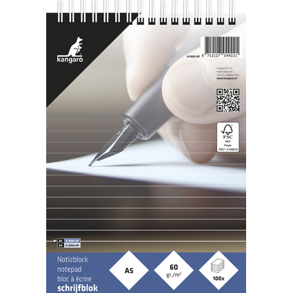 kangaro Spiral-Notizblock DIN A5, liniert, 100 Blatt