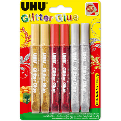 UHU Glitzerkleber Glitter Glue "Festliche Farben", 6 x 10 ml