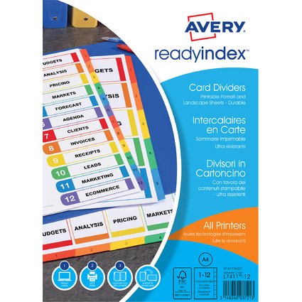 AVERY Intercalaires Readyindex, 12 touches numriques, A4