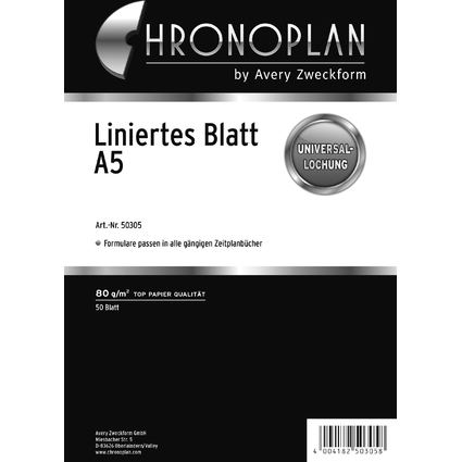 CHRONOPLAN Liniertes Blatt, DIN A5, 80 g/qm, 50 Blatt