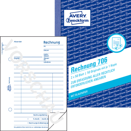 AVERY Zweckform Formularbuch "Rechnung", A6, 2 x 50 Blatt