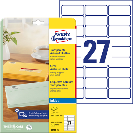 AVERY Zweckform Transparente Adress-Etiketten, 63,5 x 29,6mm