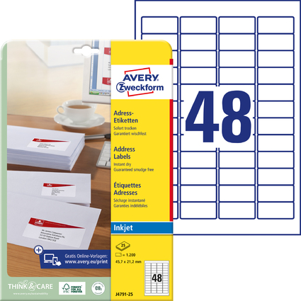 AVERY Zweckform Inkjet Adress-Etiketten, 45,7 x 21,2 mm