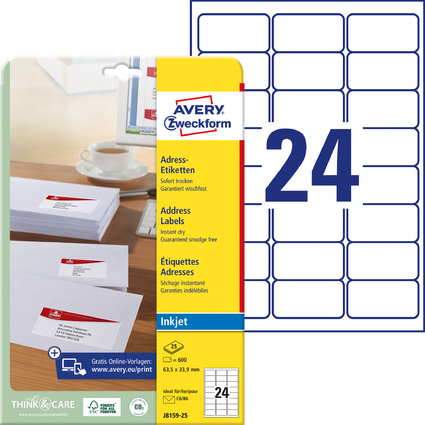 AVERY Zweckform Inkjet Adress-Etiketten, 63,5 x 33,9 mm