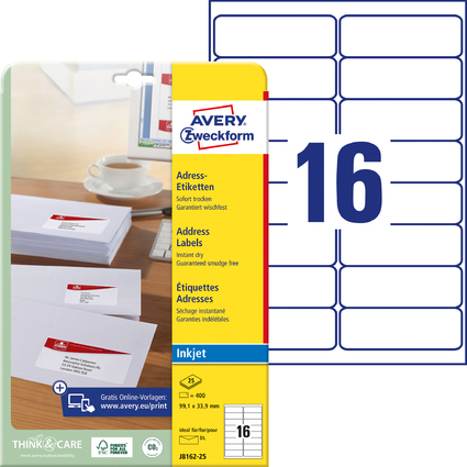 AVERY Zweckform Inkjet Adress-Etiketten, 99,1 x 33,9 mm