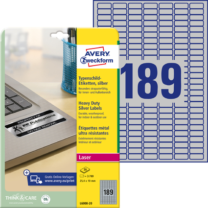 <small>AVERY Zweckform Typenschild-Etiketten 25 4 x 10 mm silber (L6008-20)</small>
