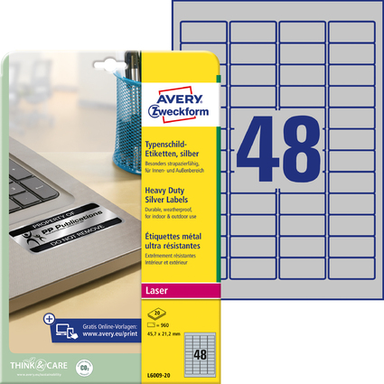 <small>AVERY Zweckform Typenschild-Etiketten 45 7 x 21 2mm silber (L6009-20)</small>