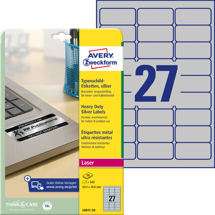 <small>AVERY Zweckform Typenschild-Etiketten 63 5 x 29 6mm silber (L6011-20)</small>