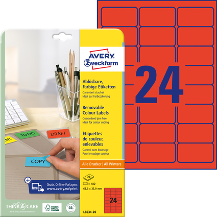 AVERY Zweckform Universal-Etiketten, 63,5 x 33,9 mm, rot