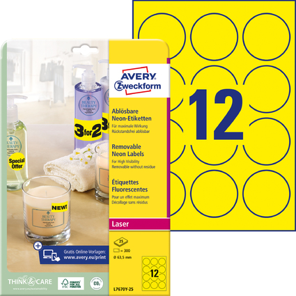 AVERY Zweckform Stick&Lift Etiketten, rund: 63,5 mm, gelb