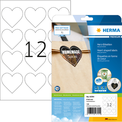 HERMA Herz-Etiketten, Durchmesser: 60 mm, wei