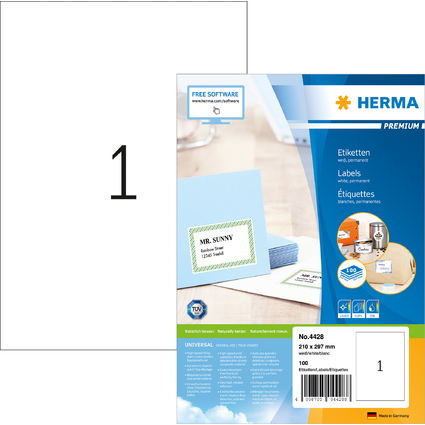 HERMA Universal-Etiketten PREMIUM, 210 x 297 mm, wei