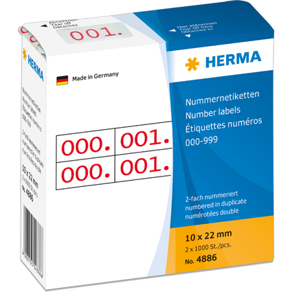 HERMA Nummern-Etiketten 0-999, 10 x 22 mm, rot, doppelt