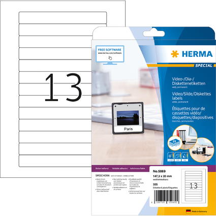 HERMA Video-Etiketten SPECIAL, 147,3 x 20 mm, wei