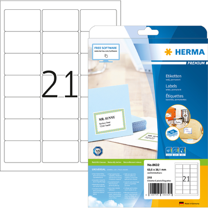 HERMA Universal-Etiketten PREMIUM, 63,5 x 38,1 mm, wei