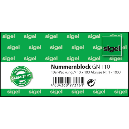 sigel Nummernblock 1-1000, 105 x 50 mm