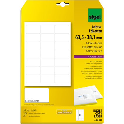 sigel Adress-Etiketten, 63,5 x 38,1 mm, wei, Kleinpackung