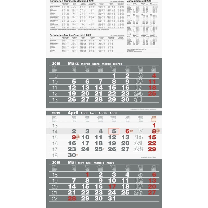 Glocken Wandkalender "3MonatsKalender", 2025, grau 5060114005 bei www