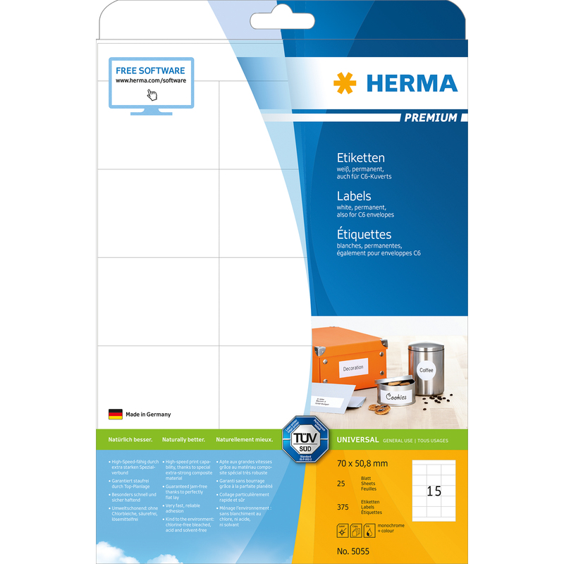 HERMA 5055 Etiketten Premium A4 70x50,8 mm weiß Papier matt 375 St.