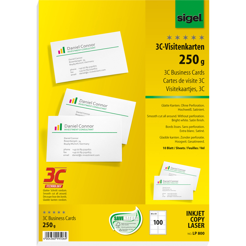 sigel Visitenkarten 3C 85 x 55 mm 250 g/qm hochweiß 100 Visitenkarten 