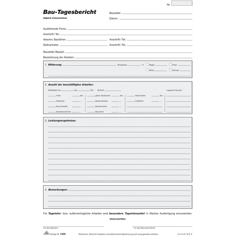 Rnk Verlag Vordruck Bau Tagesbericht Sd Block Din A4 1309 Bei Www Officeb2b De Gunstig Kaufen Listen sie ihre geleistete arbeit übersichtliche auf. rnk verlag vordruck bau tagesbericht sd block din a4