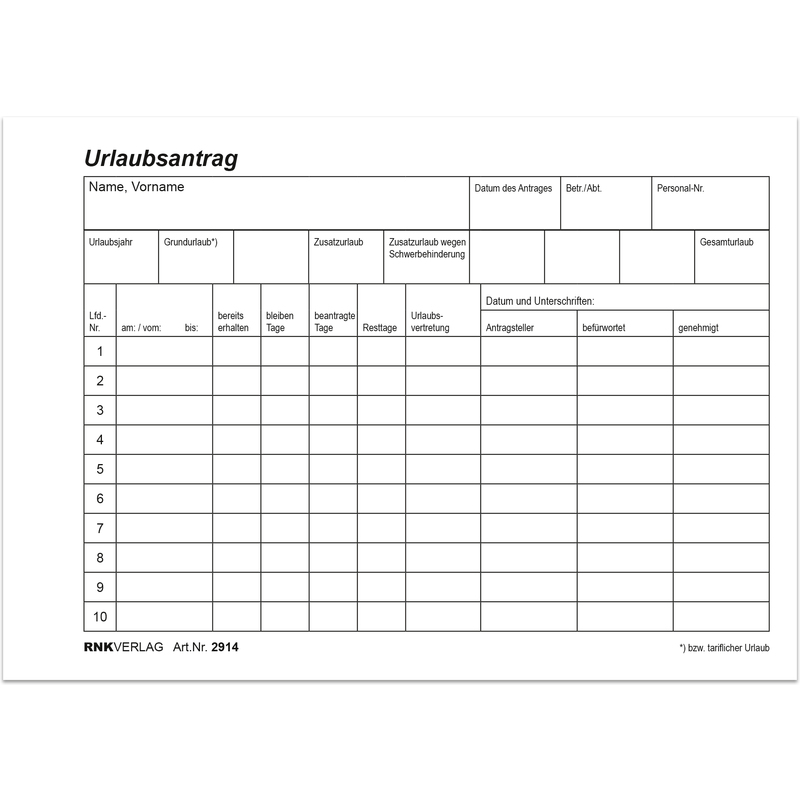 Rnk Verlag Vordruck Urlaubs Und Freistellungsantrag 2914 Bei