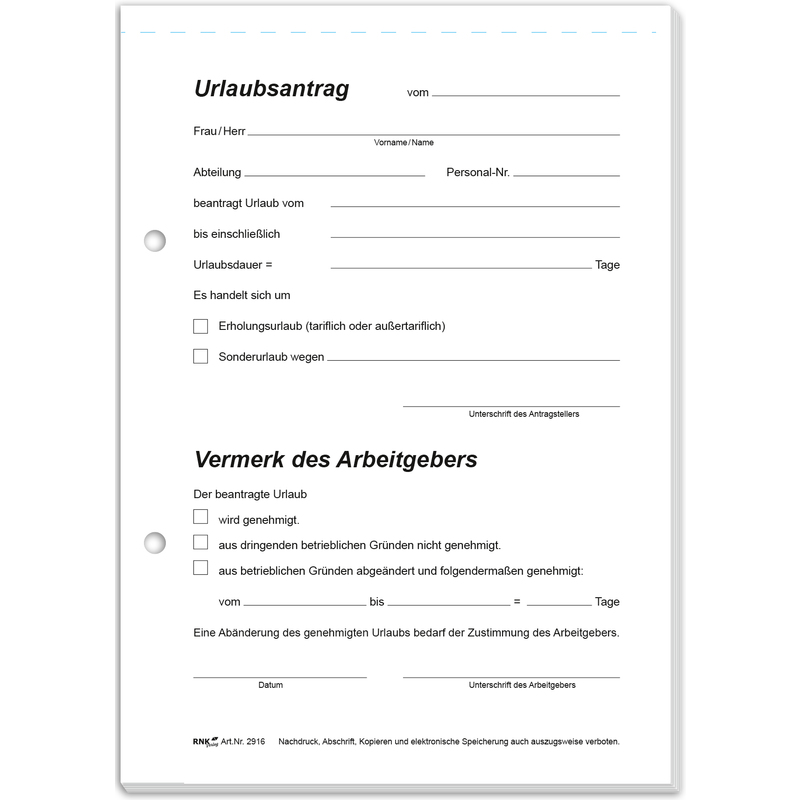 RNK Verlag Vordruck "Urlaubsantrag", Block, SD, DIN A5 2916 bei www