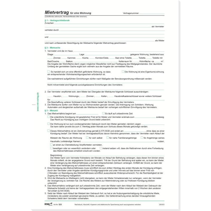 Rnk Verlag Vordruck Mietvertrag Für Wohnungen Din A4 52510 Bei