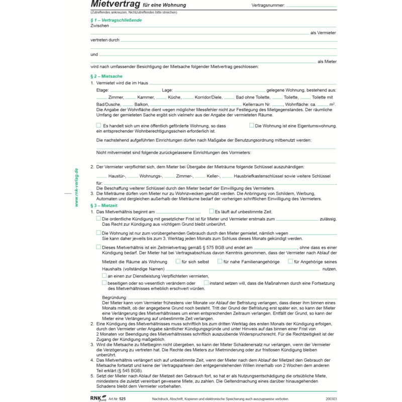 Rnk Verlag Vordruck Mietvertrag Für Wohnungen Din A4