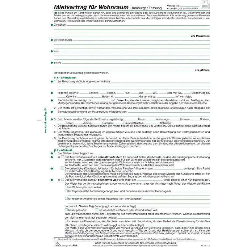 RNK Verlag Vordruck "Mietvertrag für Wohnungen - Hamburger ...