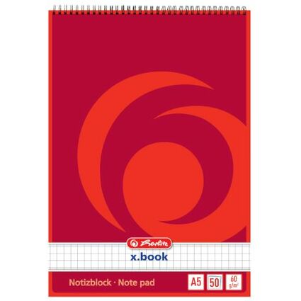 herlitz Spiralnotizblock x.book, DIN A5, 50 Blatt, kariert